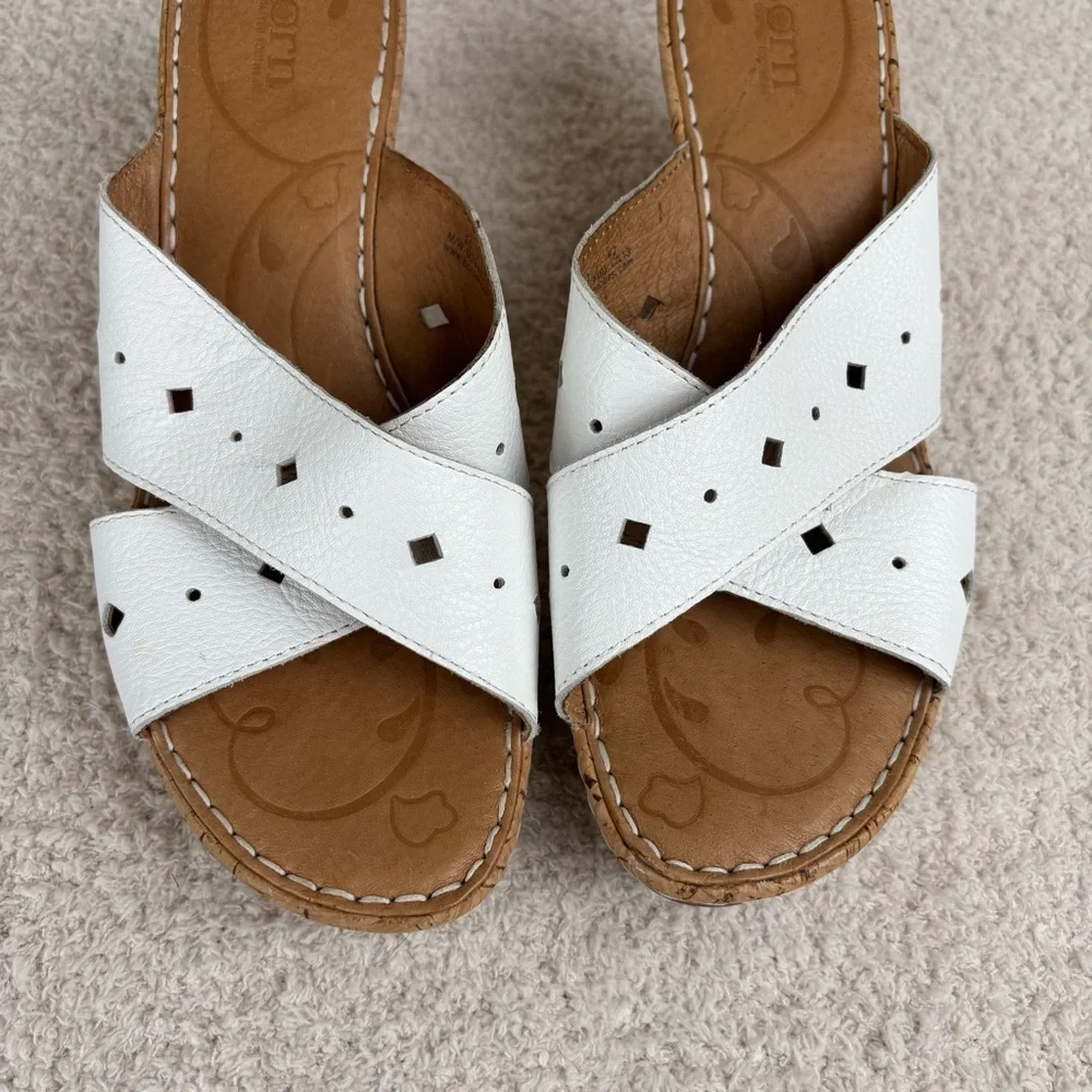Born Sandals Womens 10 White Cork Canova Wedge Slip On‎ Peep Toe Leather Comfort
